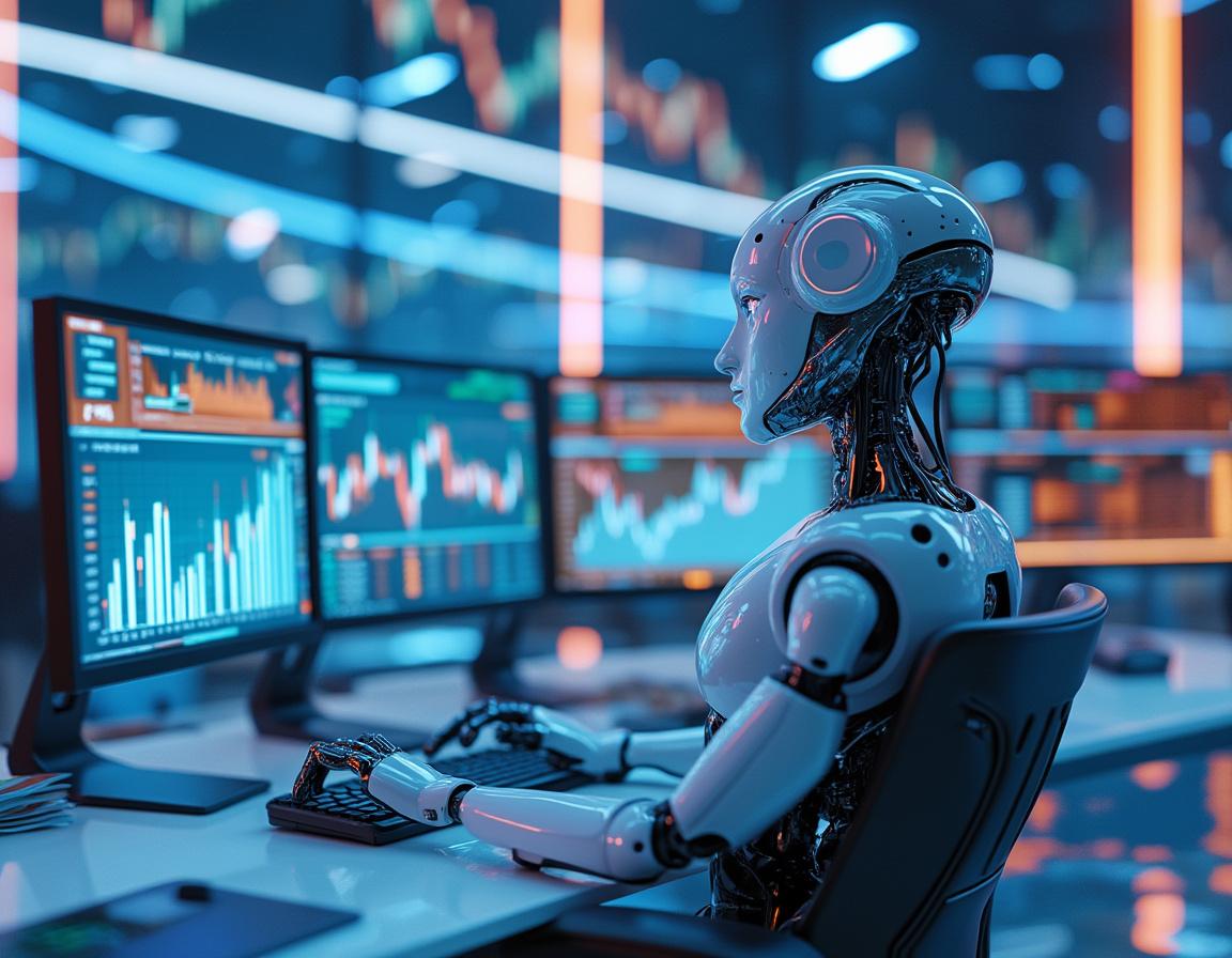 A sleek humanoid AI trading bot at a high-tech workstation analyzing stock and crypto market data.
