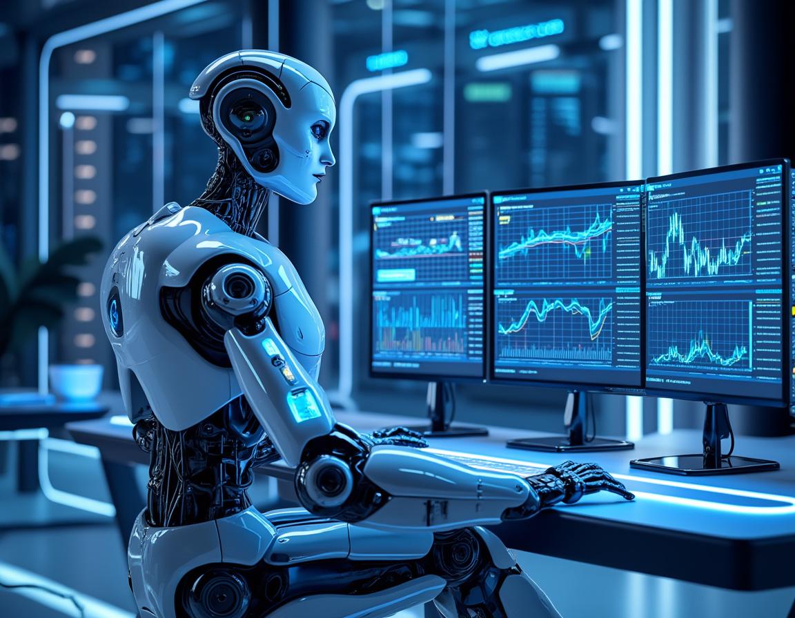 A humanoid AI trading bot analyzing market data at a high-tech workstation with multiple screens.