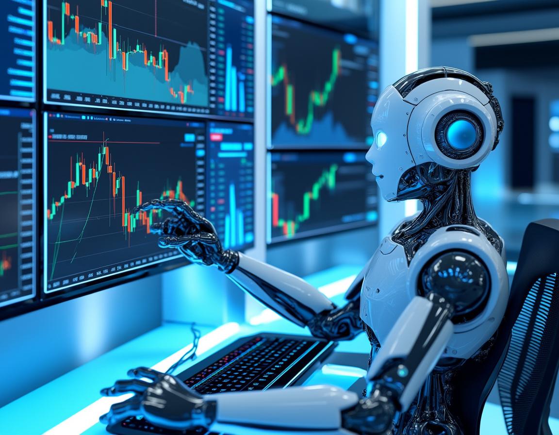 A hyper-realistic AI trading bot in a futuristic setting analyzes market data on multiple screens.