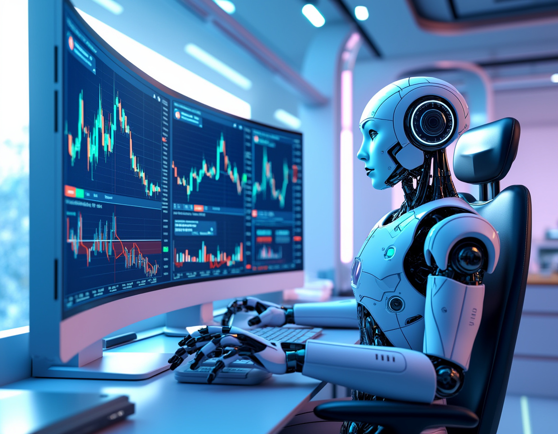 A hyper-realistic AI trading bot at a workstation, analyzing market data on multiple screens in 3D.