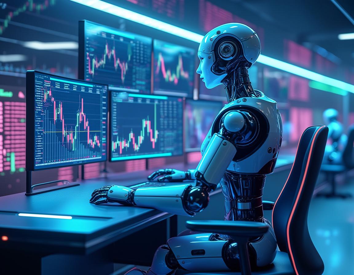 A futuristic AI trading bot at a workstation, analyzing market data on multiple vibrant screens.