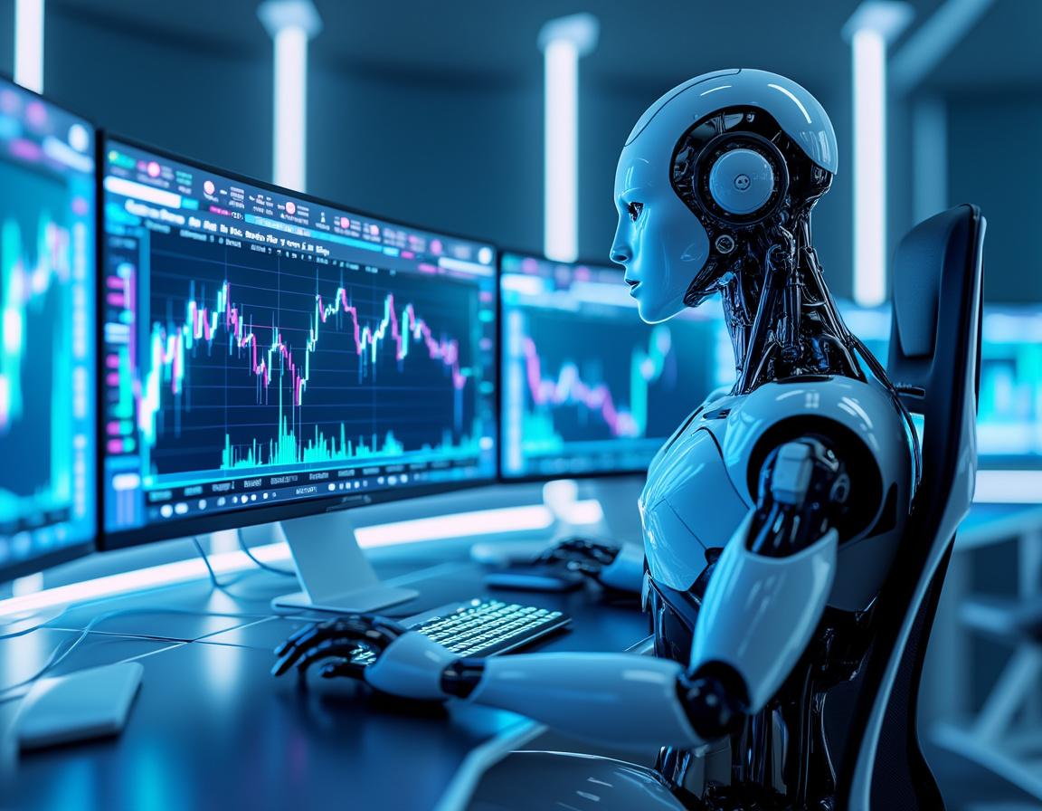 A humanoid AI trading bot analyzes market data at a high-tech workstation with multiple screens.