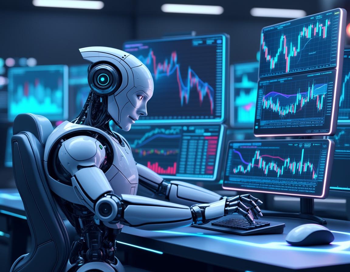 A hyper-realistic AI trading bot analyzes market data at a sleek workstation with multiple screens.