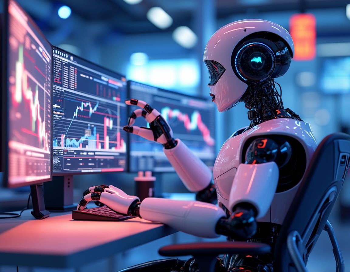 A hyper-realistic AI trading bot at a high-tech workstation analyzing stock and crypto market data.