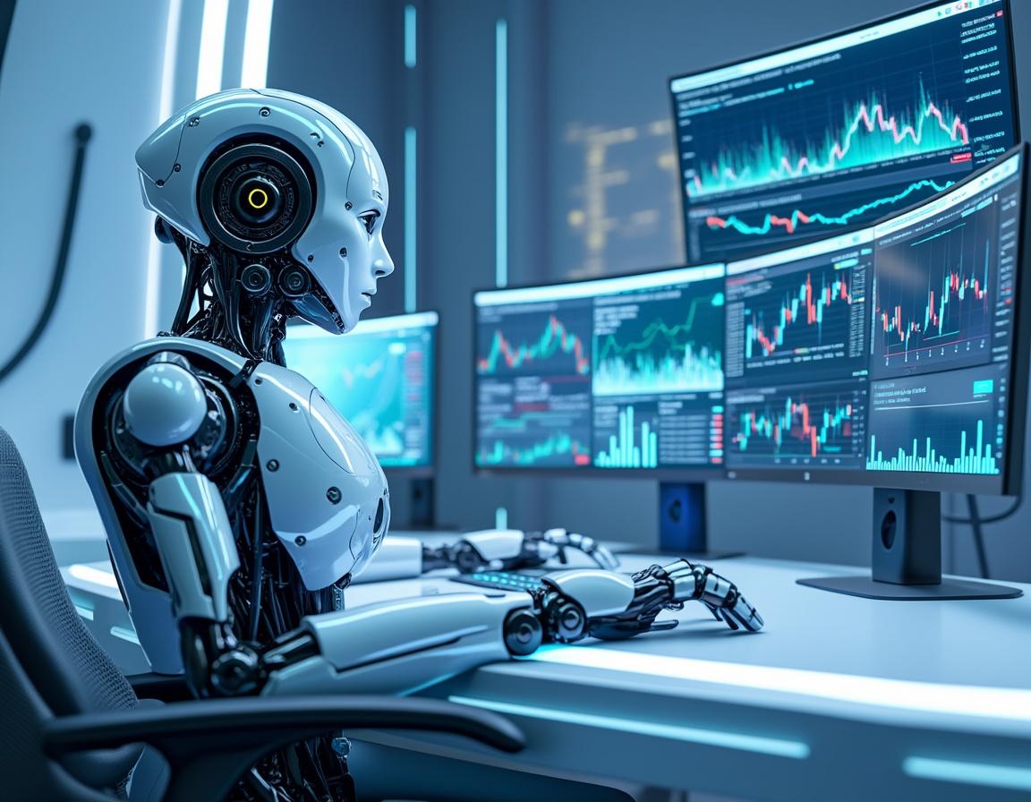 A hyper-realistic AI trading bot at a sleek workstation analyzing market data with multiple screens.