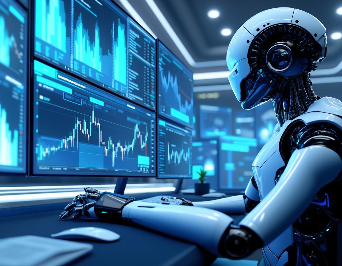 A humanoid AI trading bot at a sleek workstation analyzes crypto data on multiple high-tech screens.