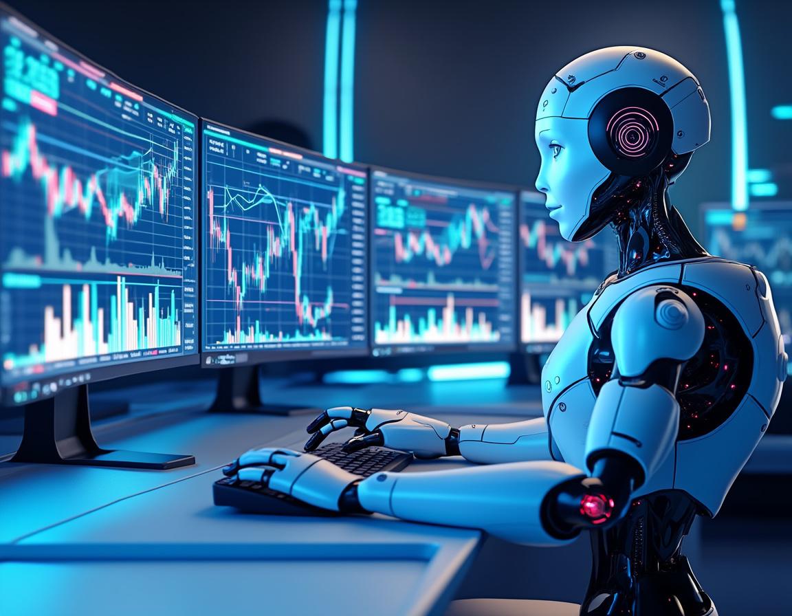 A hyper-realistic AI trading bot analyzes data at a high-tech workstation in a futuristic setting.