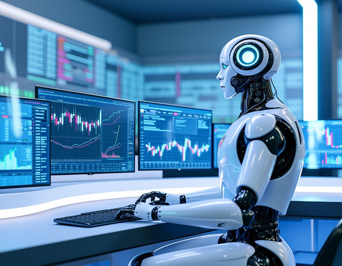 A humanoid AI trading bot analyzes market data at a high-tech workstation with multiple screens.