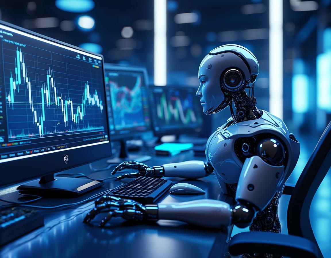 A humanoid AI trading bot analyzes market data at a high-tech workstation with glowing screens.