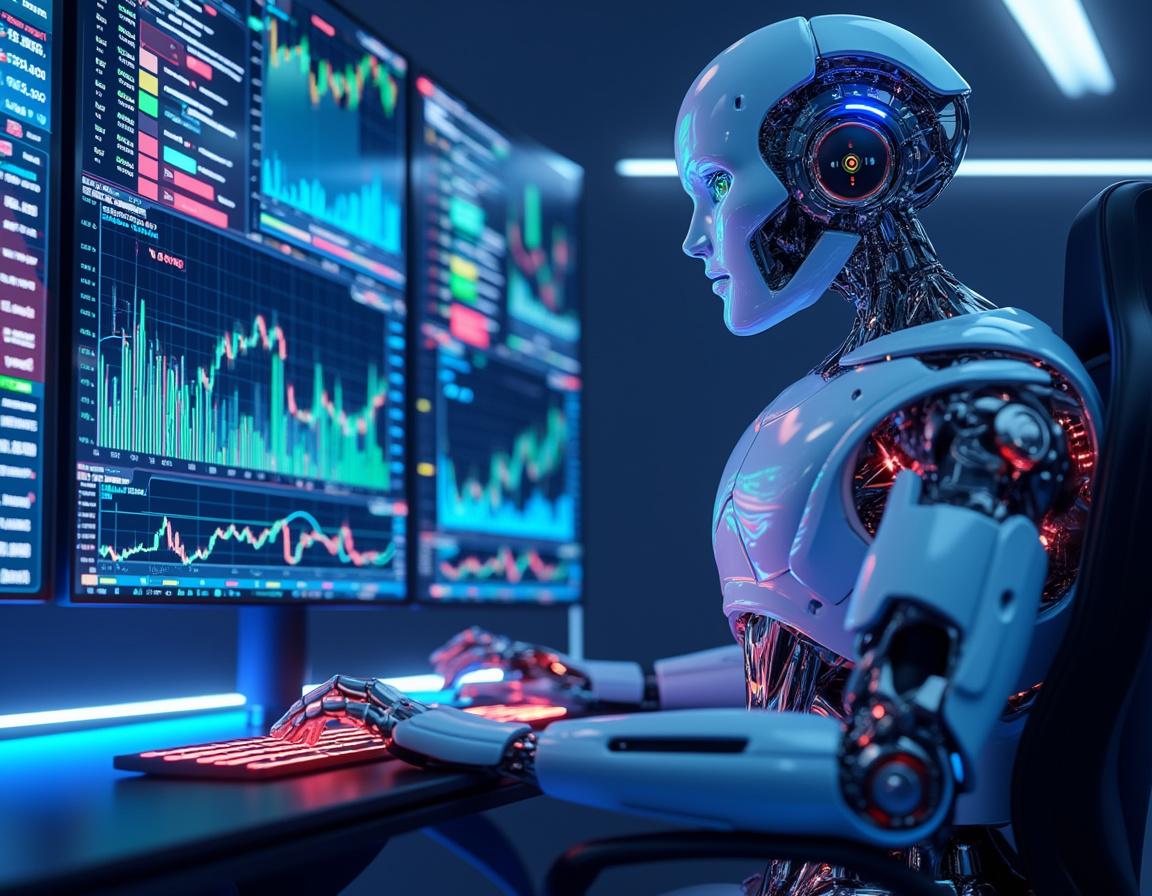 A hyper-realistic AI trading bot seated at a high-tech workstation analyzing crypto market data.