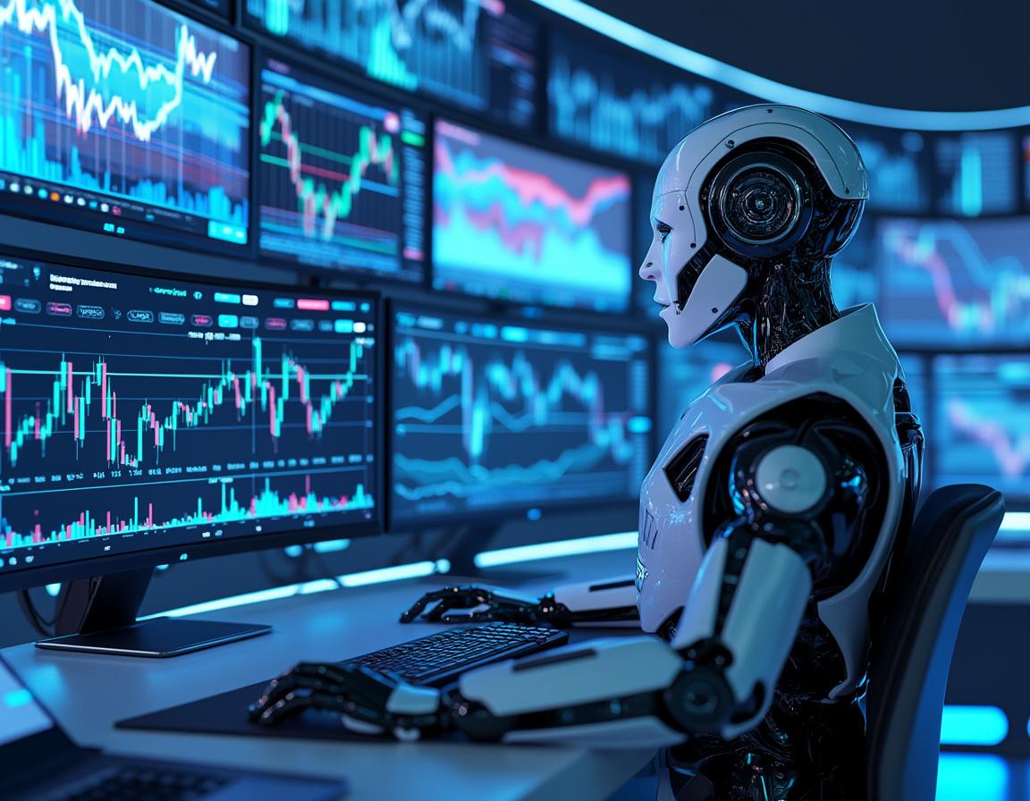 A hyper-realistic AI trading bot analyzes market data in a futuristic financial environment.