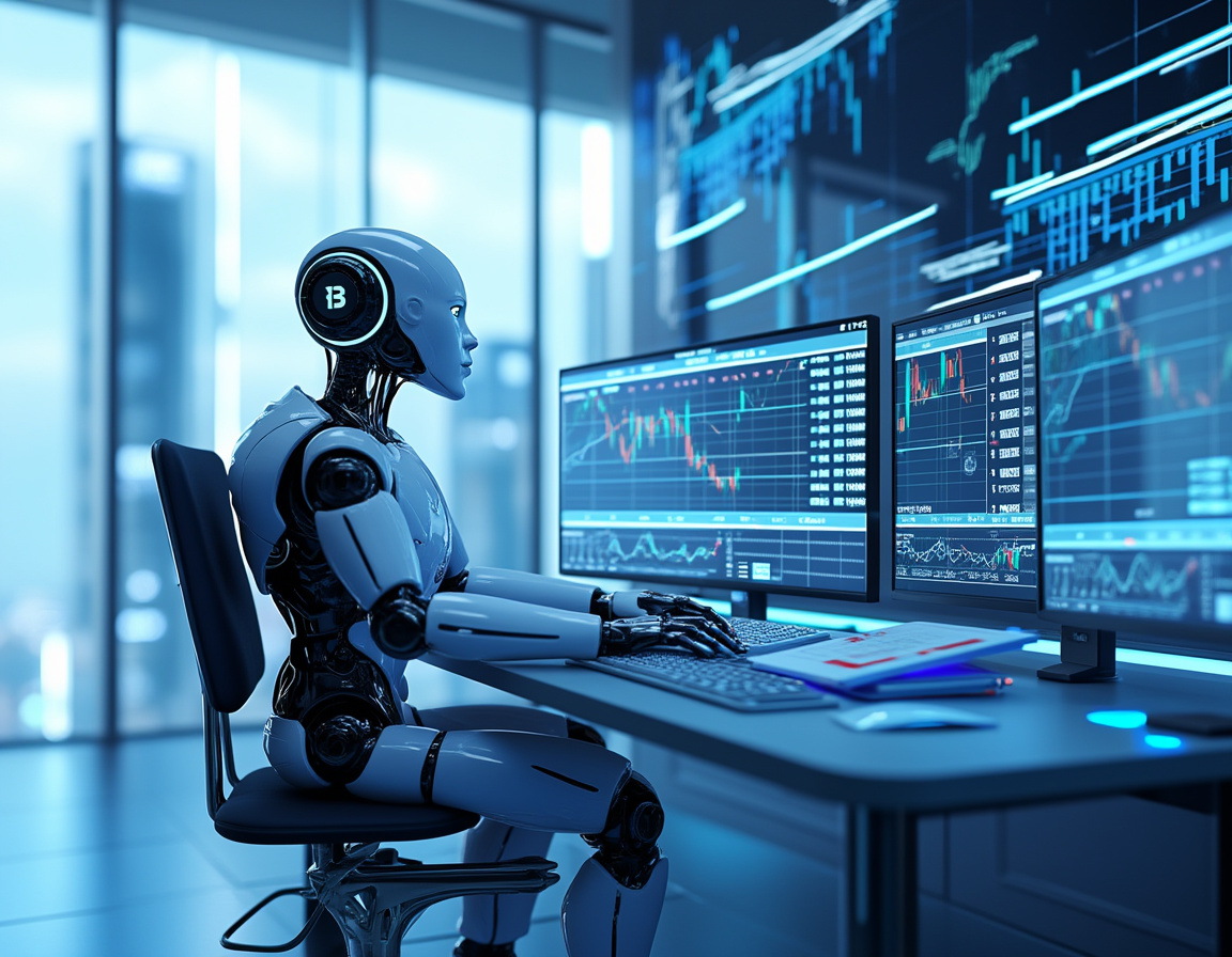 A hyper-realistic AI trading bot works at a high-tech workstation analyzing stock and crypto data.