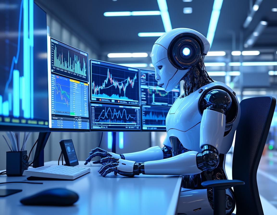 A hyper-realistic AI trading bot analyzes market data at a sleek workstation with glowing screens.