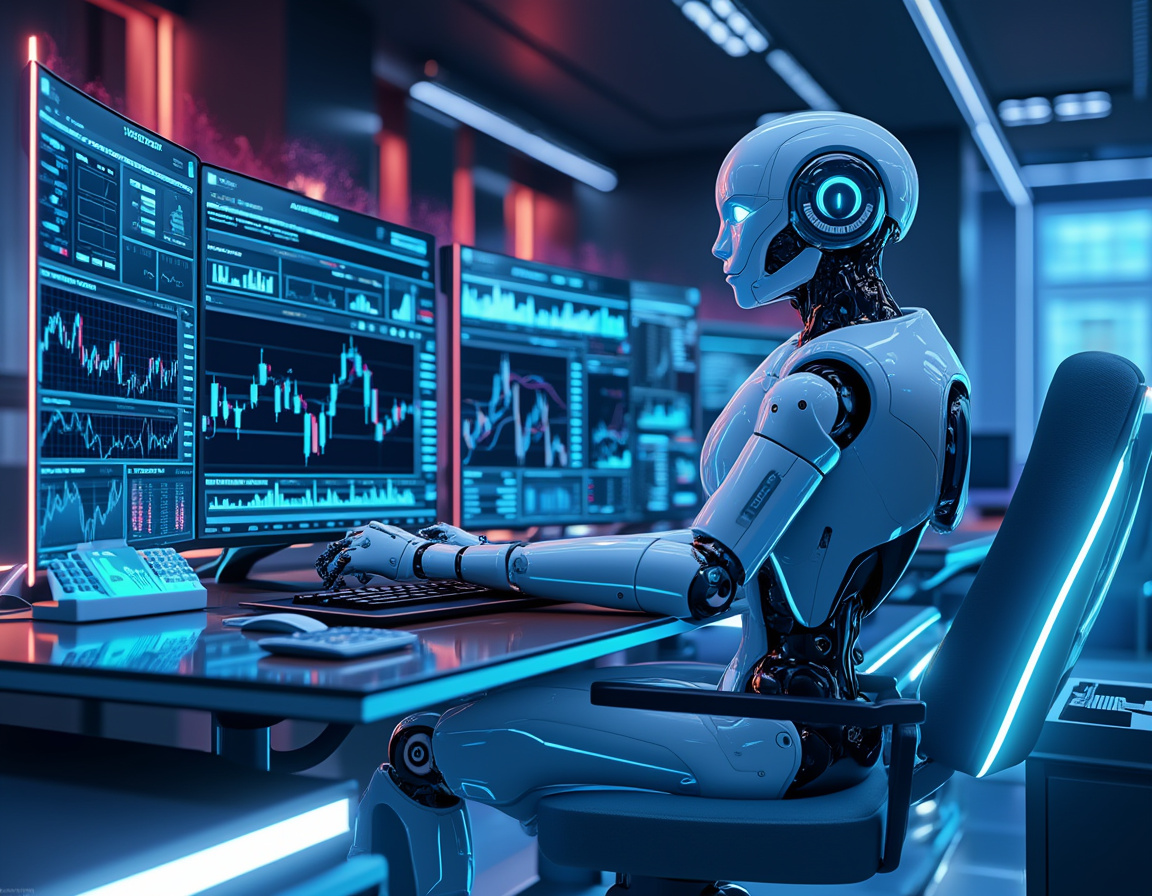 A hyper-realistic AI trading bot seated at a workstation, analyzing market data on multiple screens.
