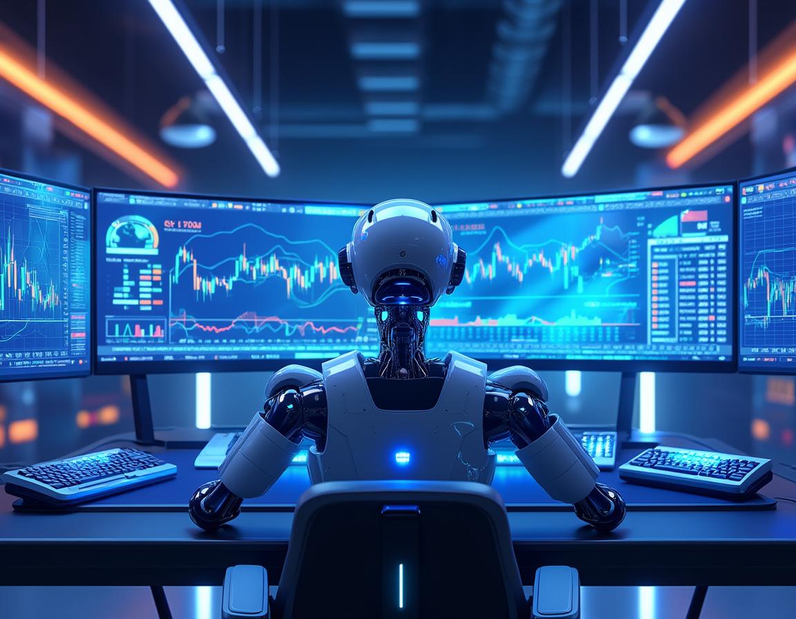 A humanoid AI trading bot analyzes market data at a high-tech workstation with multiple screens.