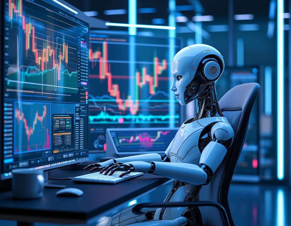 A hyper-realistic AI trading bot at a high-tech workstation analyzing stock and crypto market data.
