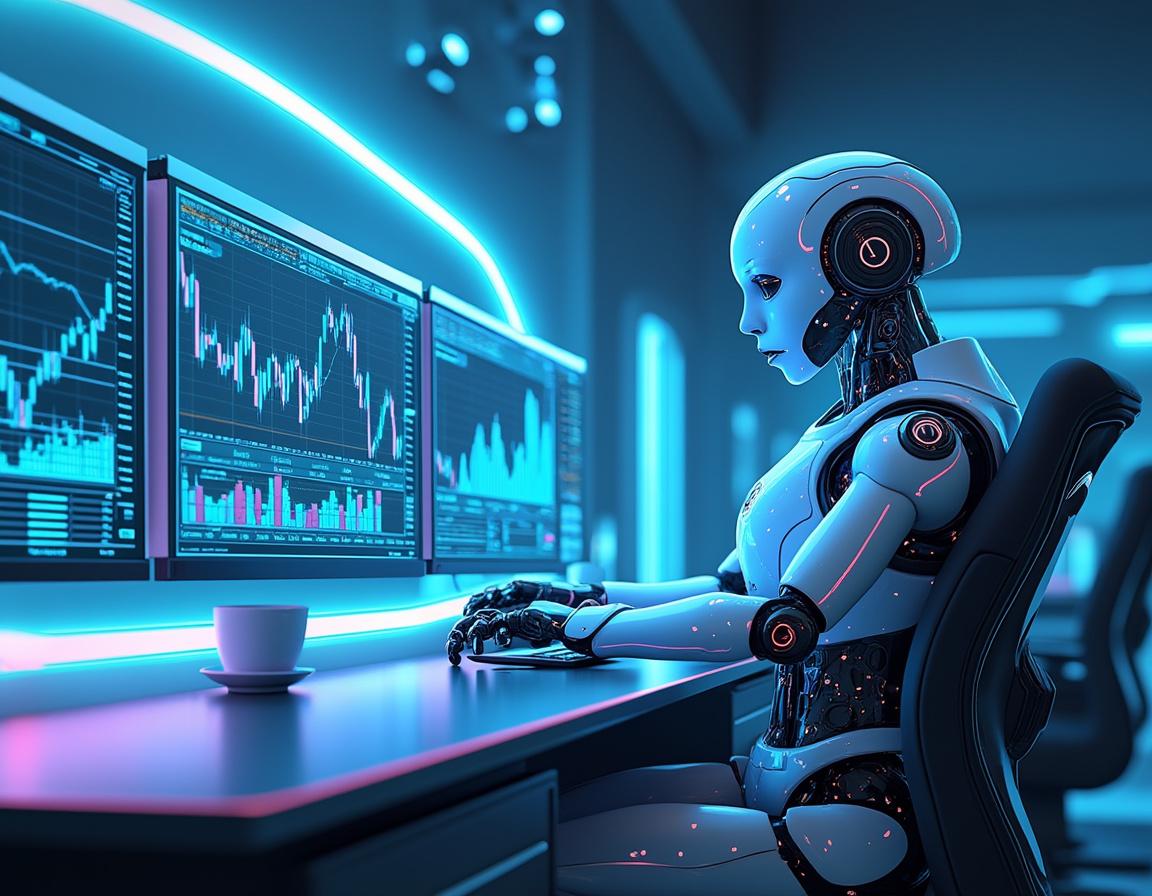 A humanoid AI trading bot at a high-tech workstation, analyzing market data on multiple screens.