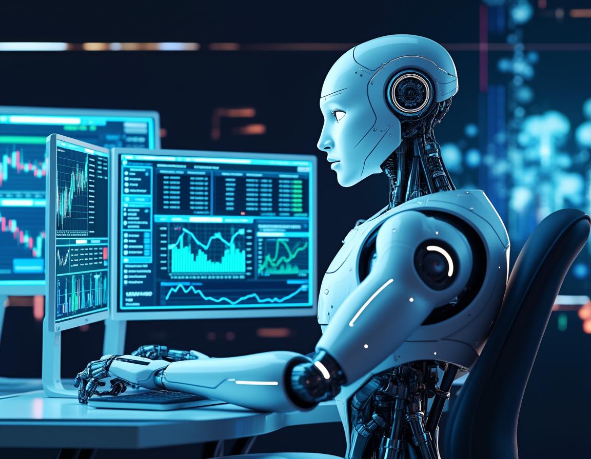 A hyper-realistic AI trading bot analyzes market data on multiple screens in a futuristic setting.