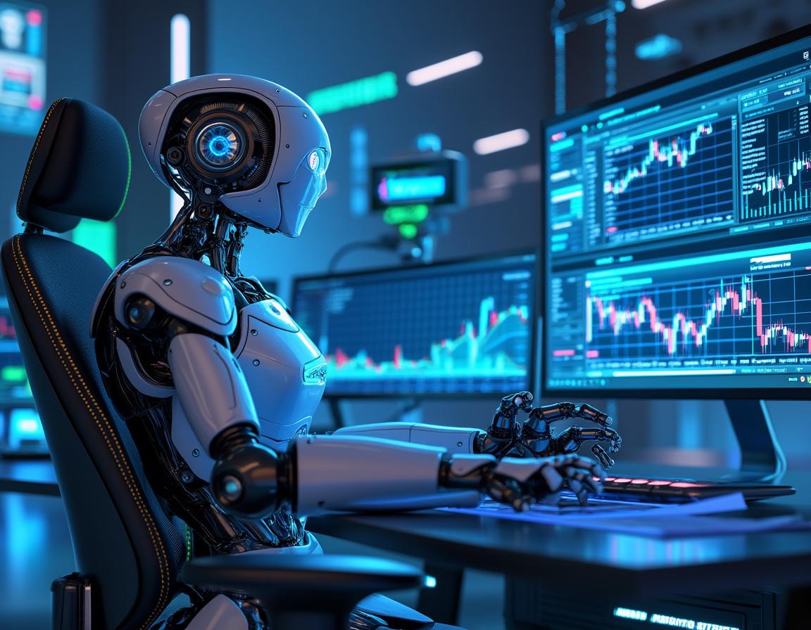 A hyper-realistic AI trading bot at a high-tech desk, analyzing market data on multiple screens.