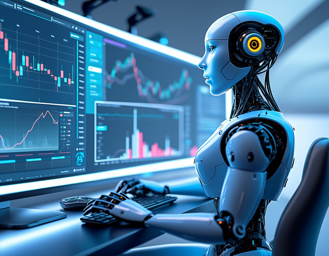 A humanoid AI trading bot analyzes market data at a high-tech workstation with glowing monitors.
