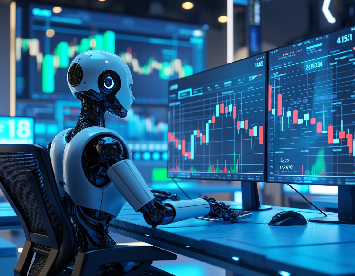A hyper-realistic AI trading bot in a futuristic office, analyzing market data on multiple screens.
