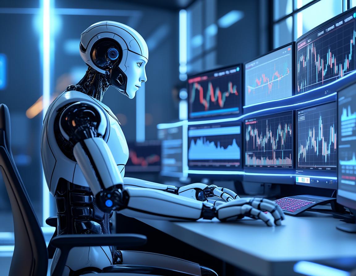 A hyper-realistic AI trading bot at a workstation analyzes market data on multiple screens.