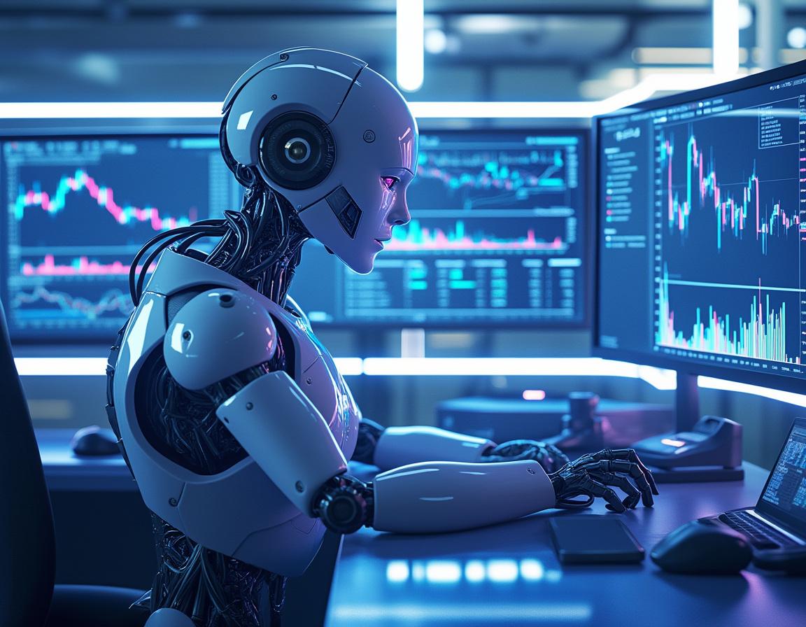 A hyper-realistic AI trading bot at a workstation, analyzing data on multiple market screens.
