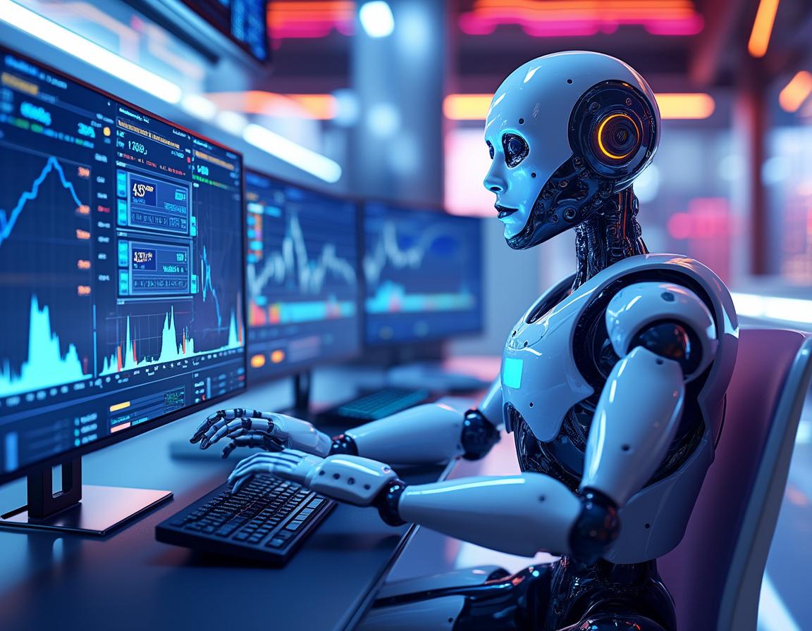 A humanoid AI trading bot at a high-tech workstation analyzing market data on multiple screens.