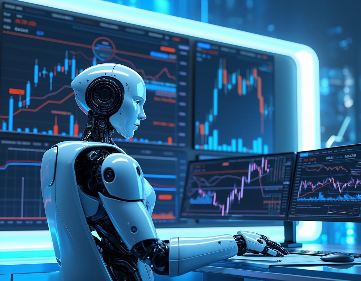 A hyper-realistic AI trading bot at a workstation analyzing crypto and stock market data on screens.