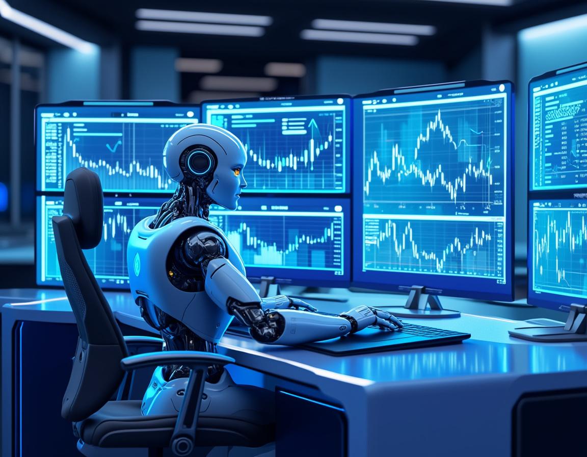 A hyper-realistic AI trading bot seated at a workstation, analyzing market data on multiple screens.