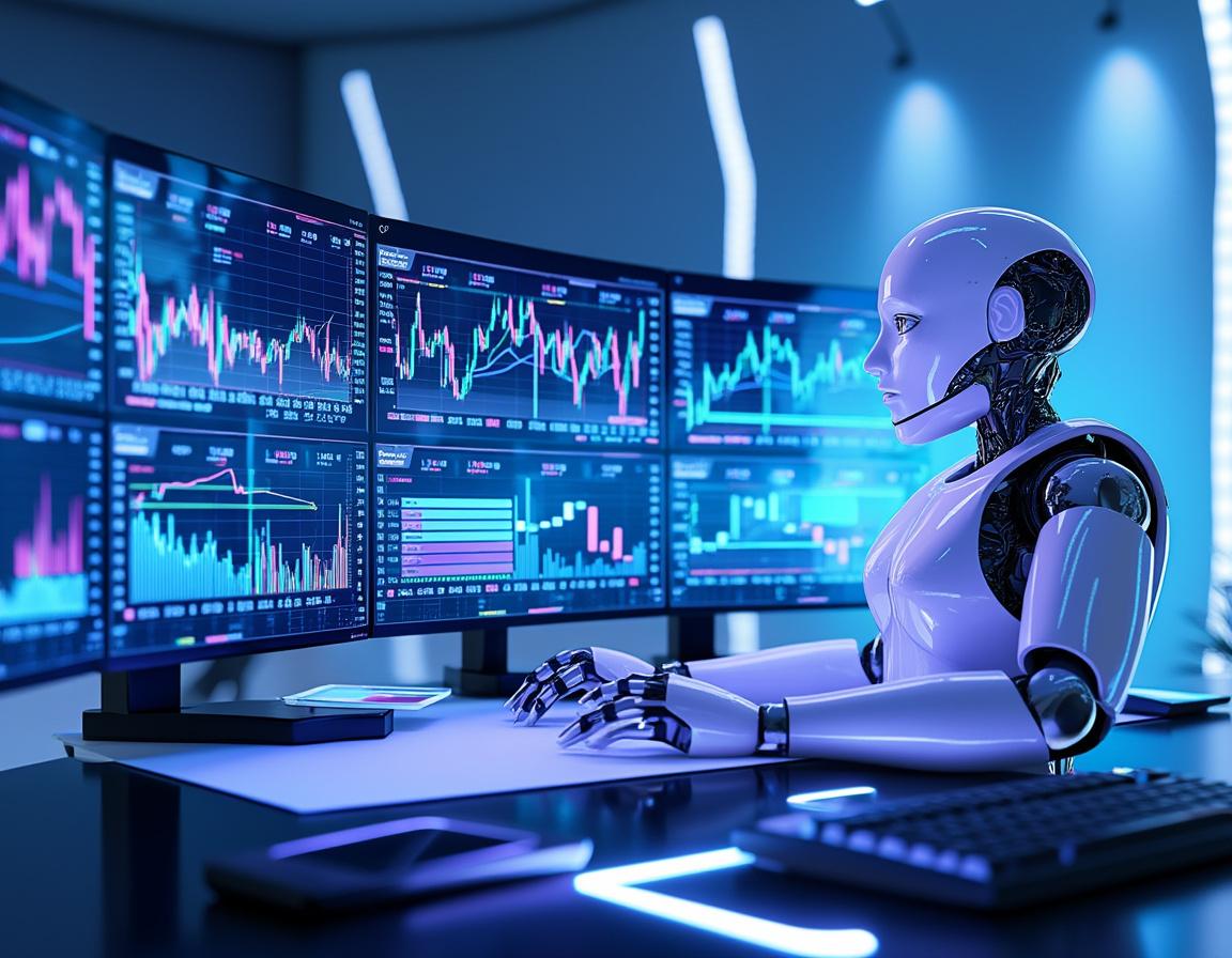 A hyper-realistic AI trading bot at a high-tech workstation, analyzing markets on multiple screens.