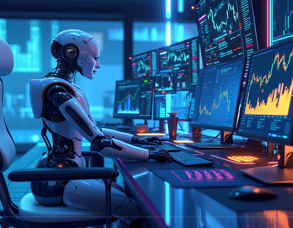 A humanoid AI trading bot at a workstation analyzes stock and crypto data on multiple screens in 3D.