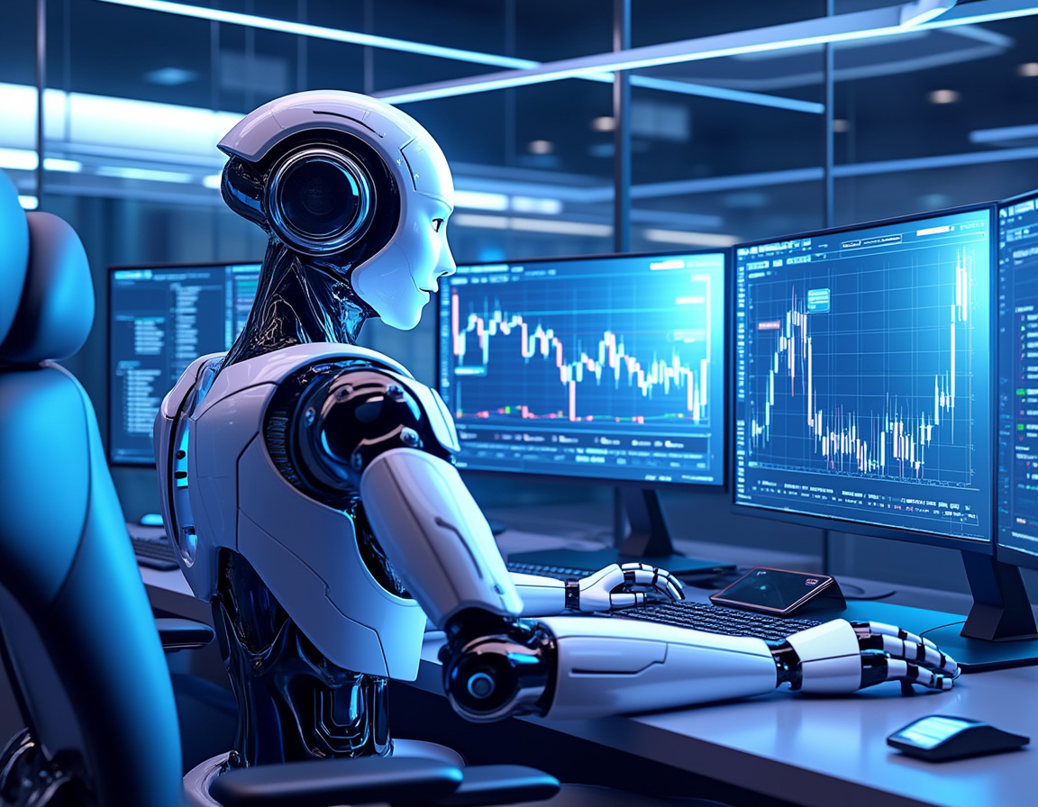 A humanoid AI trading bot analyzes market data at a sleek workstation with multiple glowing screens.