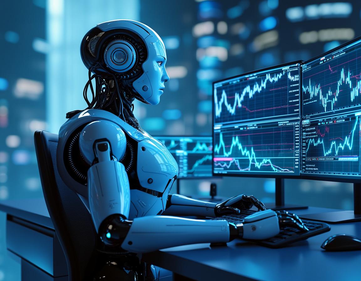 A hyper-realistic AI trading bot at a futuristic workstation analyzing markets on multiple screens.