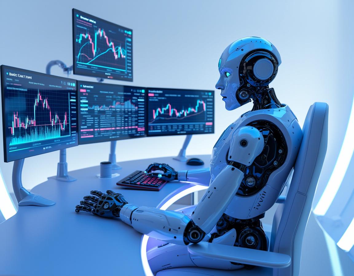A humanoid AI trading bot analyzes market data at a sleek workstation with multiple glowing screens.