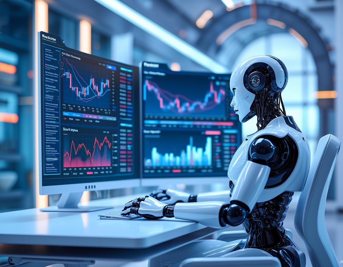 A humanoid AI trading bot works at a high-tech station, analyzing market data on multiple screens.