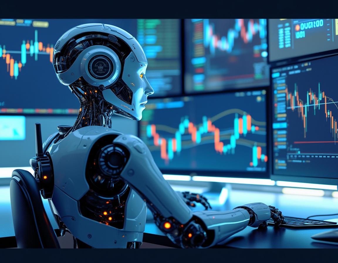 A hyper-realistic AI trading bot analyzes market data at a sleek workstation surrounded by screens.