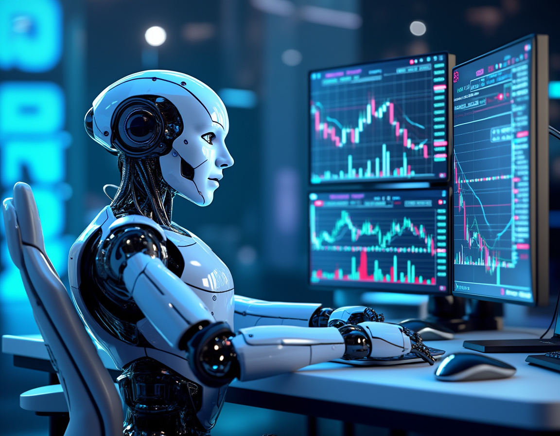 A hyper-realistic AI trading bot at a high-tech workstation analyzing data on multiple screens.