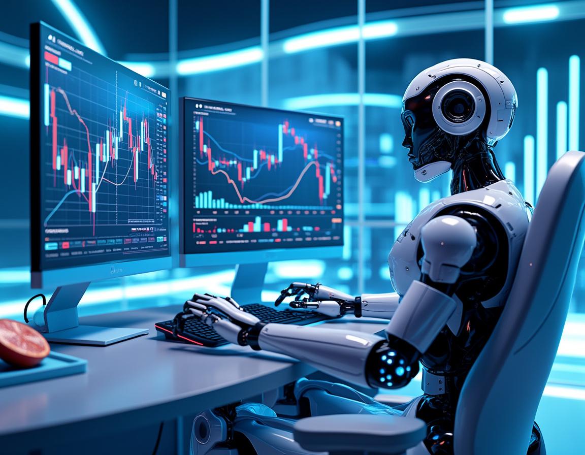 A hyper-realistic AI trading bot analyzes market data at a sleek workstation with multiple screens.