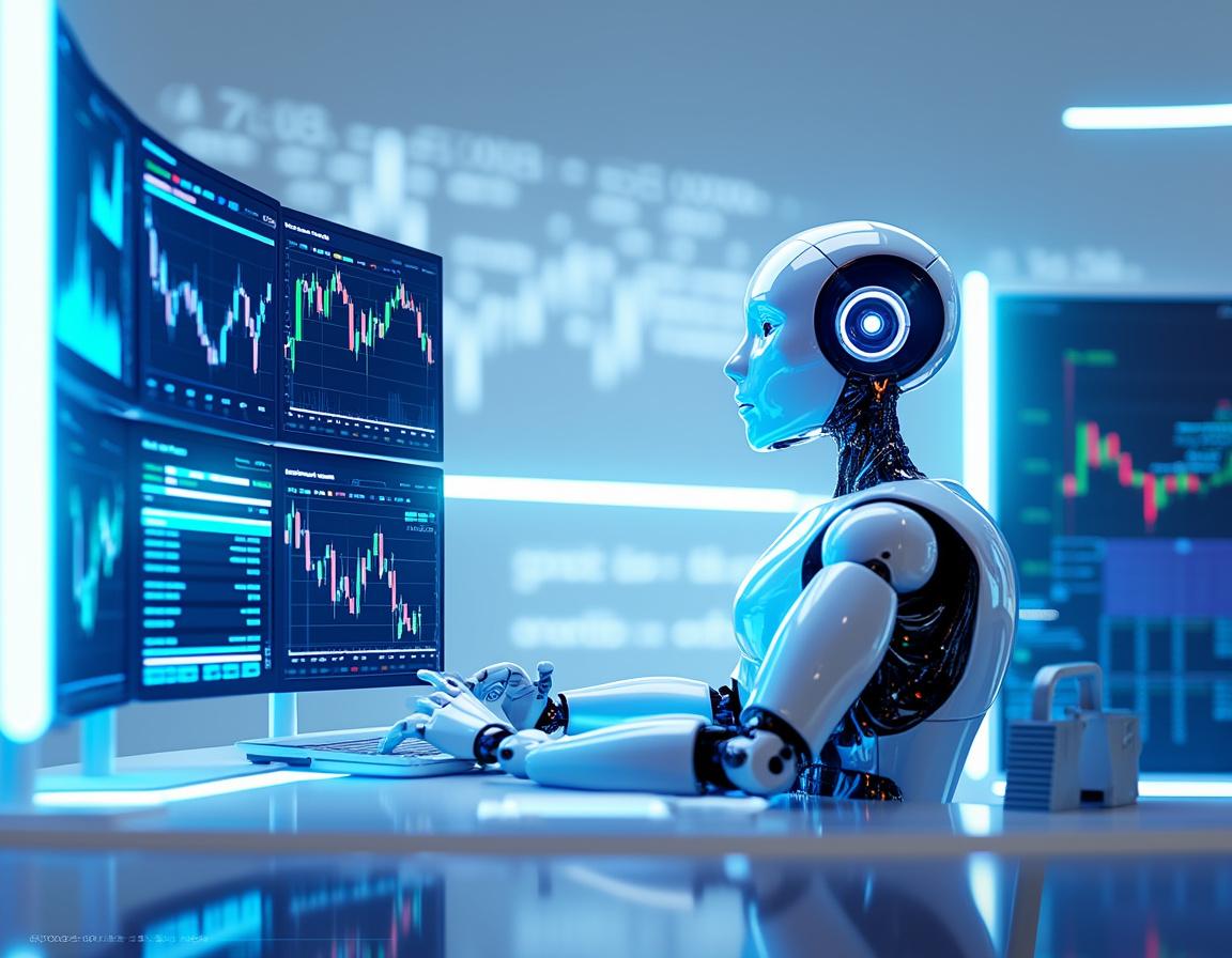 A hyper-realistic AI trading bot at a sleek workstation analyzing market data with multiple screens.