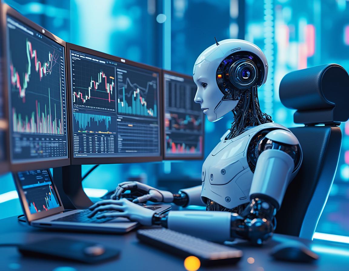 A humanoid AI trading bot at a futuristic workstation, analyzing market data on multiple screens.