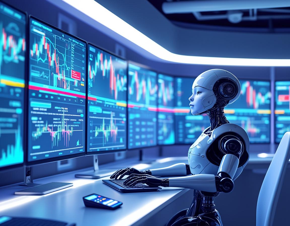 A hyper-realistic AI trading bot at a workstation, analyzing market data across multiple screens.