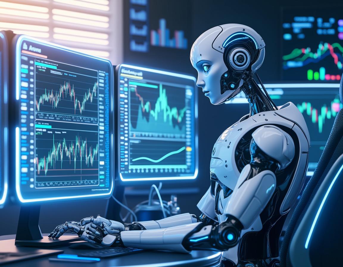 A hyper-realistic AI trading bot at a high-tech workstation analyzing stock and crypto market data.