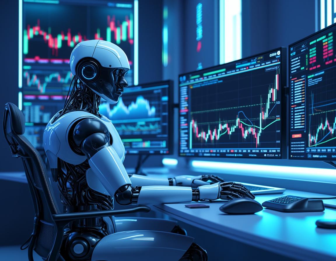 A humanoid AI trading bot analyzes financial data at a high-tech workstation with multiple screens.