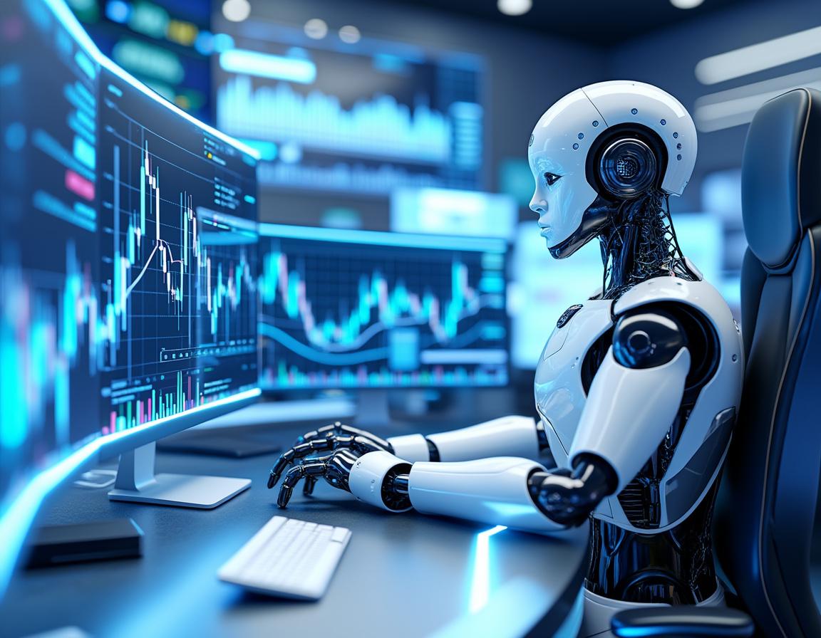 A hyper-realistic AI trading bot analyzes market data on multiple screens in a futuristic setting.