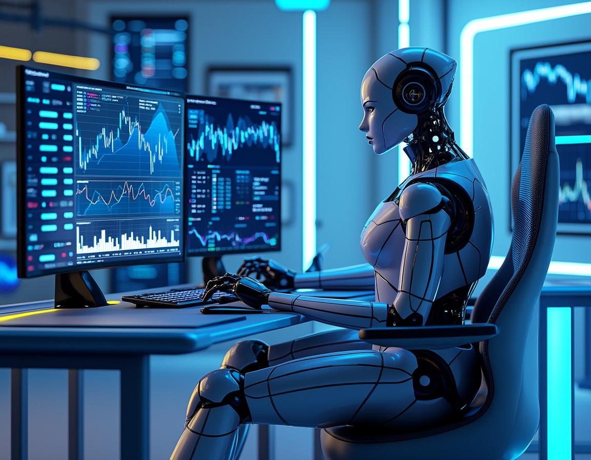 A hyper-realistic AI trading bot in a sleek workstation, analyzing market data on multiple screens.