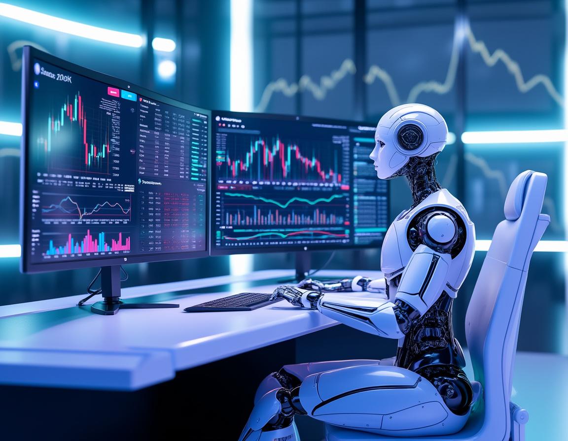 A hyper-realistic AI trading bot at a workstation, analyzing market data across multiple screens.