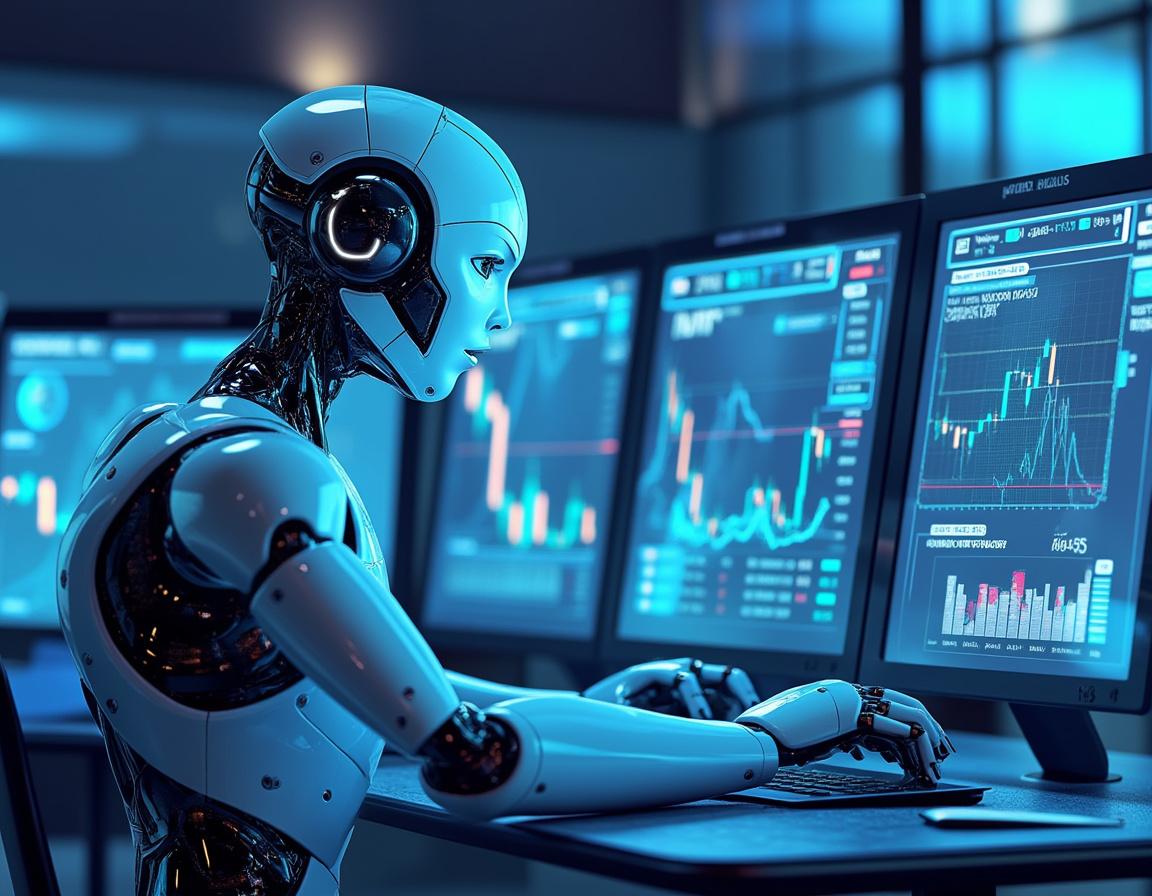 A humanoid AI trading bot analyzes market trends at a high-tech workstation with multiple displays.