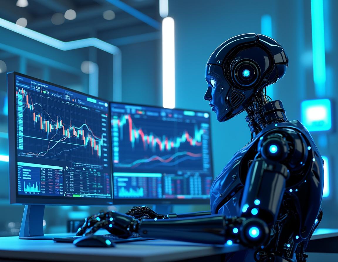 A humanoid AI trading bot at a high-tech workstation, analyzing market data on multiple screens.