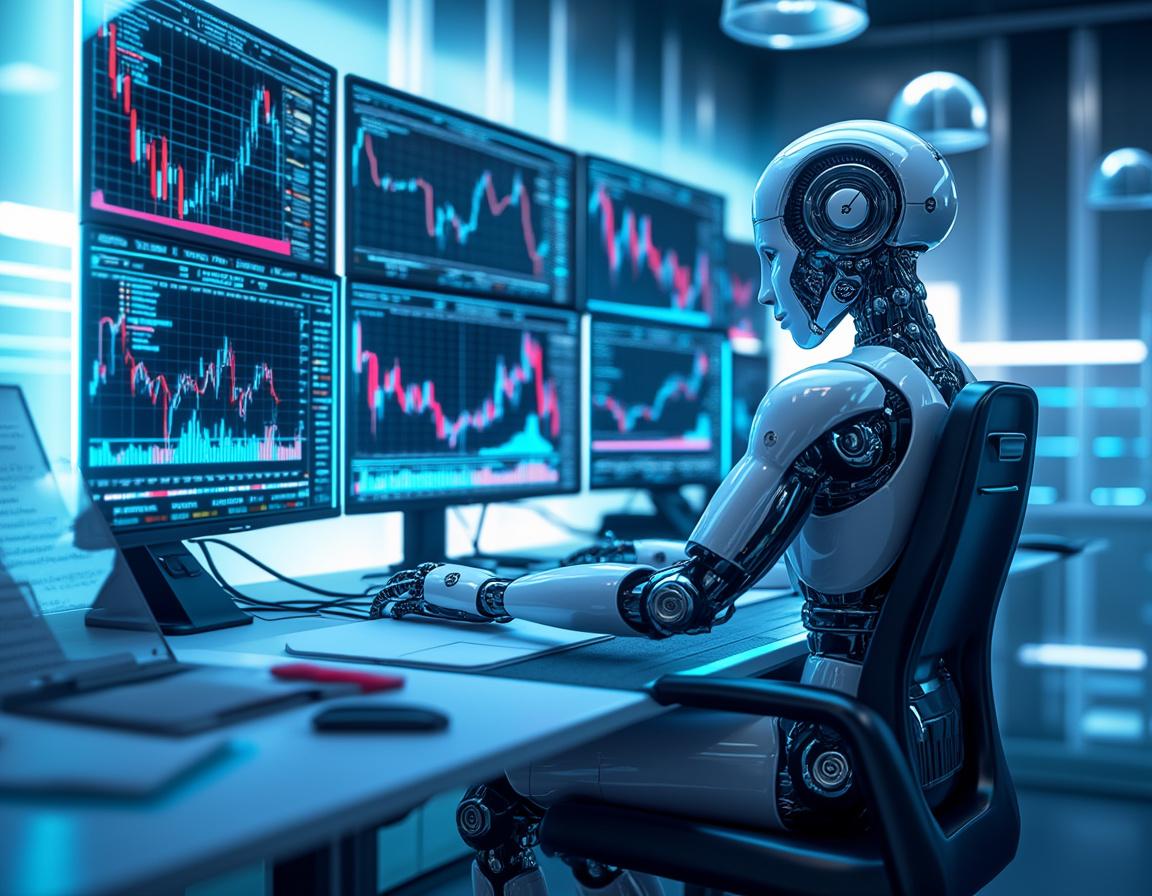 A hyper-realistic AI trading bot analyzes market data in a futuristic financial trading environment.